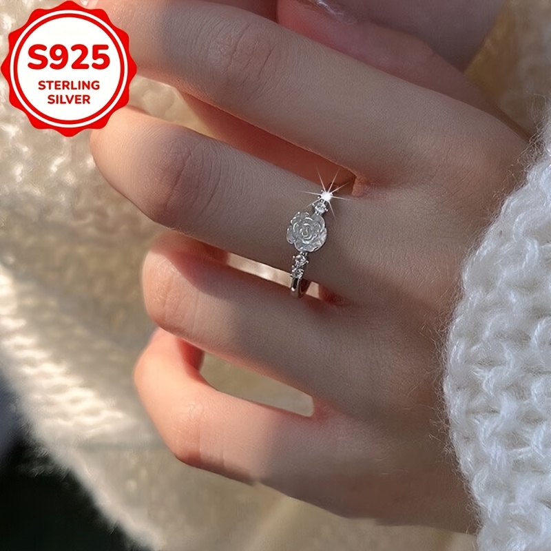Women's S925 Silver Camellia Flower Adjustable Open Ring with Zirconia