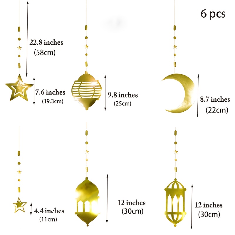 Image of 6pcs Golden Ramadan Moon Lantern Garland Eid Decoration Hanging Ornaments For Arabian Nights Mubarak Eid Party Decor Hanging Bairam Islam Celestial