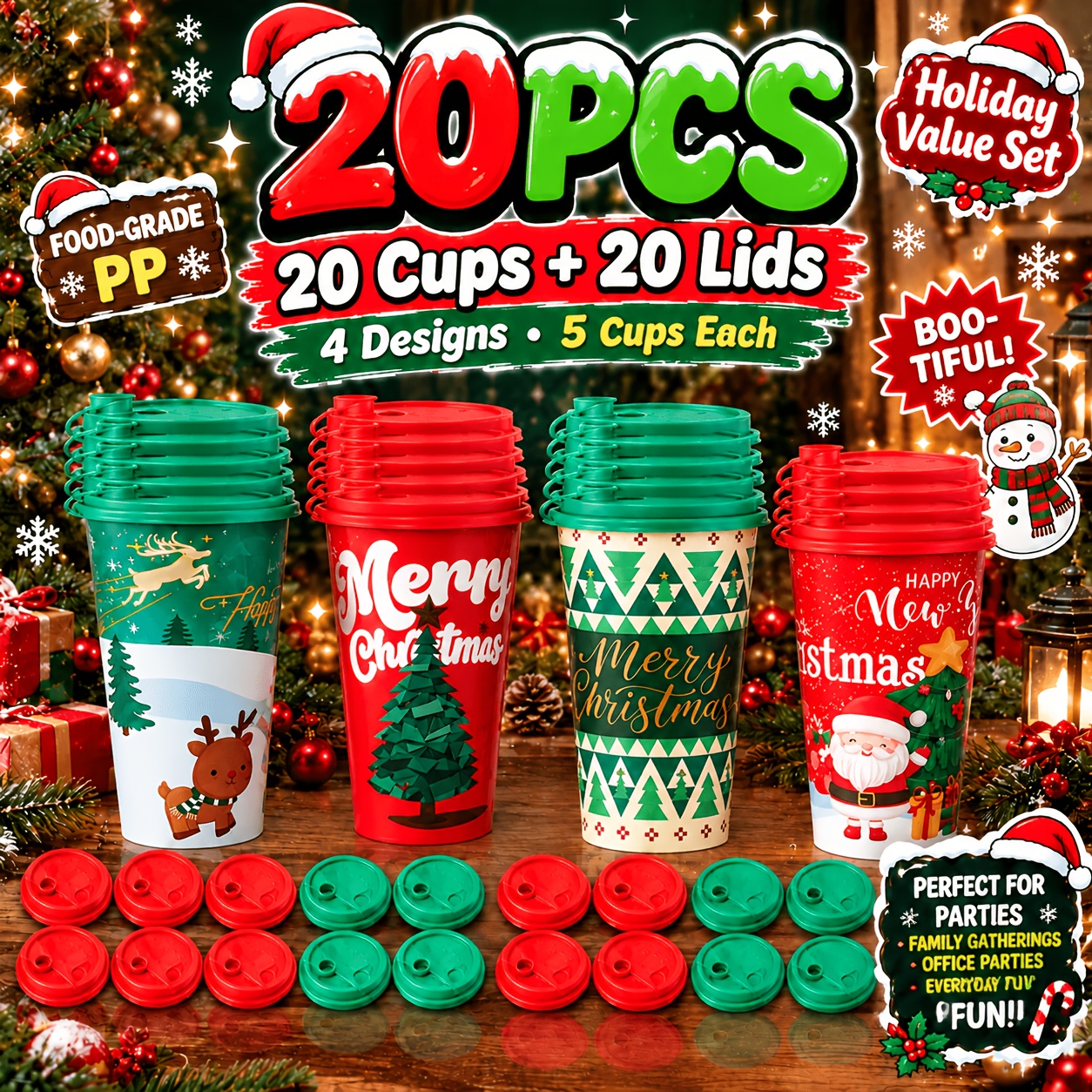 TEMU 20-pack Bulk Christmas Office Party Cups With Lids, 17oz/500ml Reusable Plastic Tumblers, 4 For Office Events, , Group Parties & Holiday , Fall&