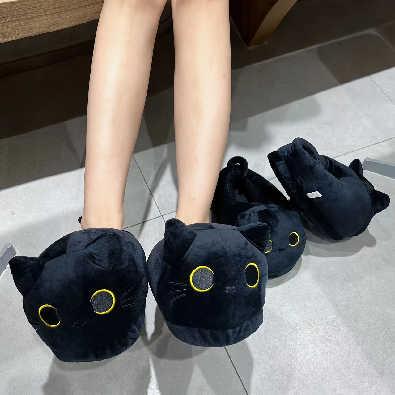 

Fuzzy Black Cat Slippers, Funny Animal House Shoes With Soft Memory Foam, Comfy Plush Warm Slip-on Slippers Suitable For Winter