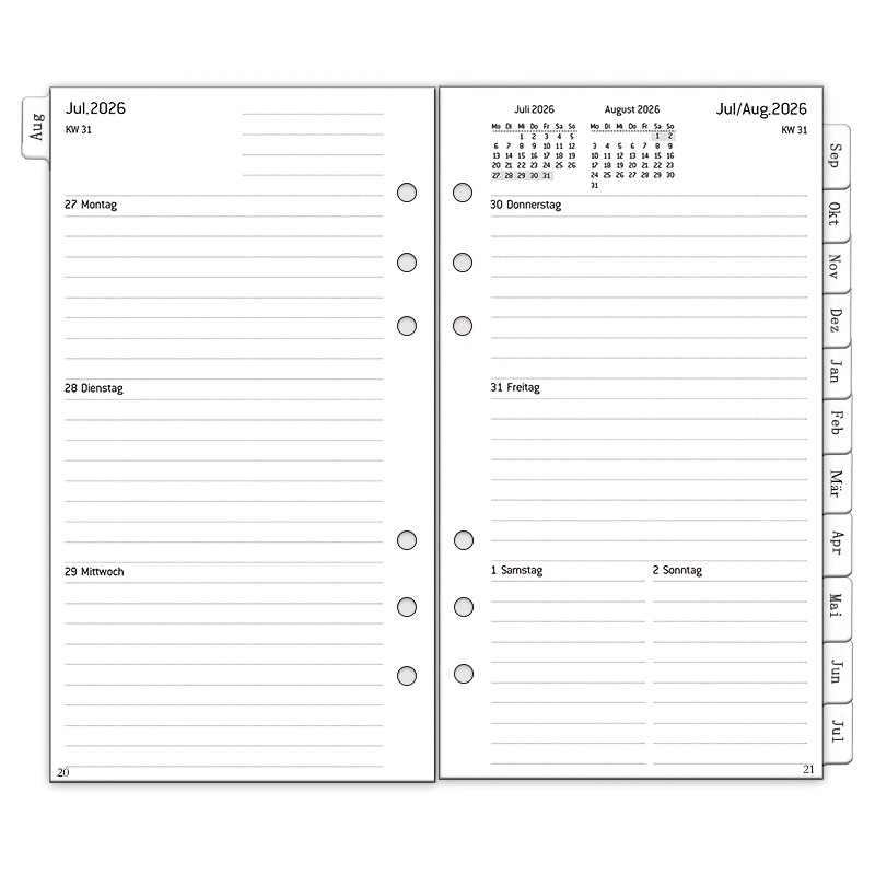 E-shop 2026 2027 Wochenplaner Einsetzeinheit Personal A6 6 Löcher (Deutsch, 95X171Mm), 1 Woche 2 Seiten mit monatlicher Übersicht, Notizen & Kontakt,