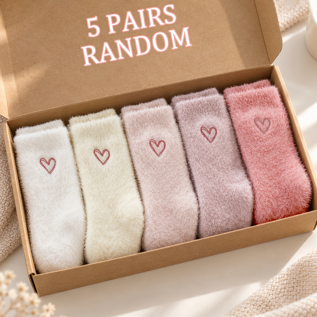 TEMU 5-pair Random Color Heart-shaped Socks, Cute And Warm Fluffy Thick Mid-calf Floor Socks, Suitable For Autumn And Winter, Women's Mid-calf Socks