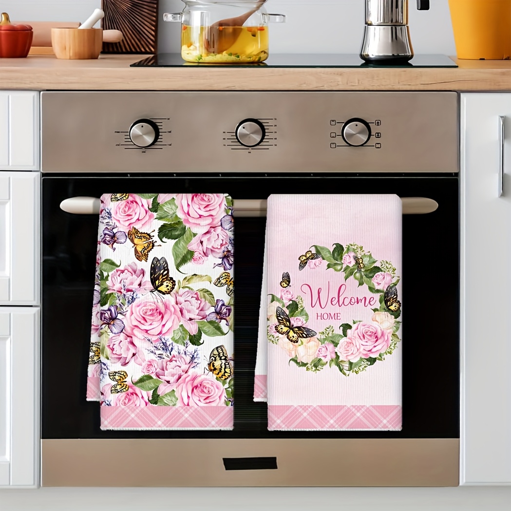 Image of 2pcs Set Of Kitchen Towels - Pink And , Absorbent Dishcloths, Suitable For Cooking, Baking, Weddings, Housewarming Celebrations - Perfect For Kitchen And Bathroom