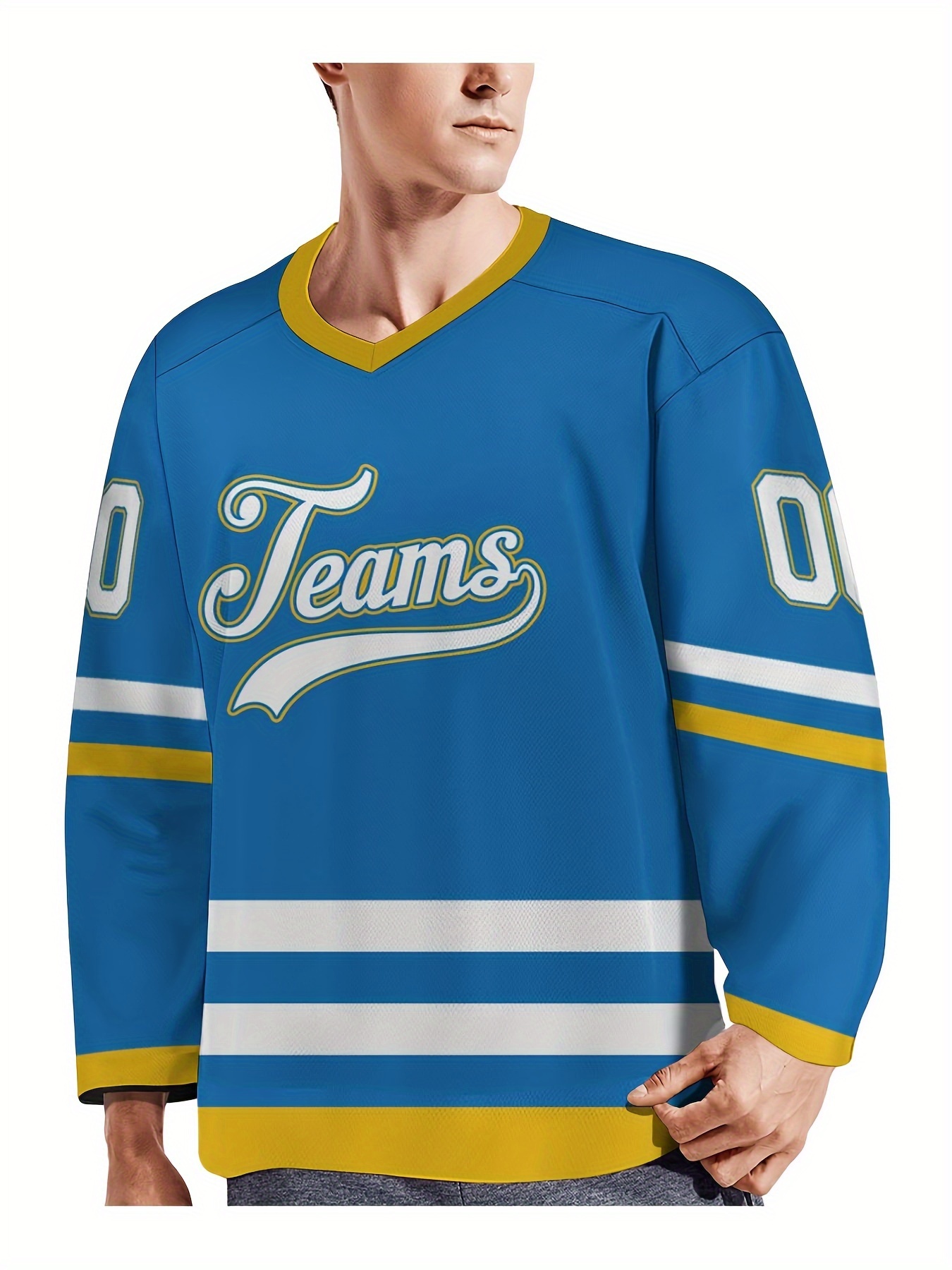 Custom *'s Hockey Jersey Personalized Name Number, Royal Blue Yellow  Vintage Breathable V-Neck Long Sleeve Ice (S-