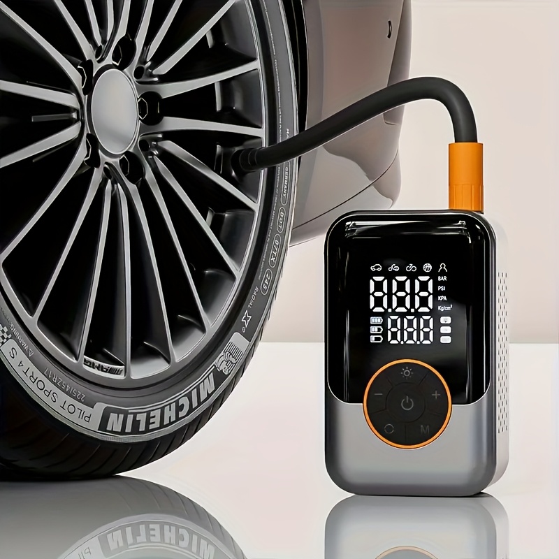 a portable air compressor pump with   lcd display a wireless tire inflator with usb c fast charging led light suitable for cars motorcycles bicycles balls and features an automatic shut   function   home Product details 1