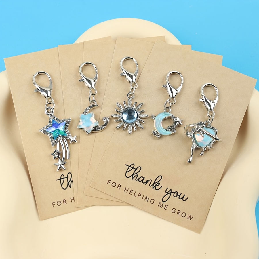 TEMU Gift For Her/him 5pcs Set Iridescent Silvery-blue Heart Metal Keychain With Free "thank You" Growth Greeting Card, Starry Portable Charm,