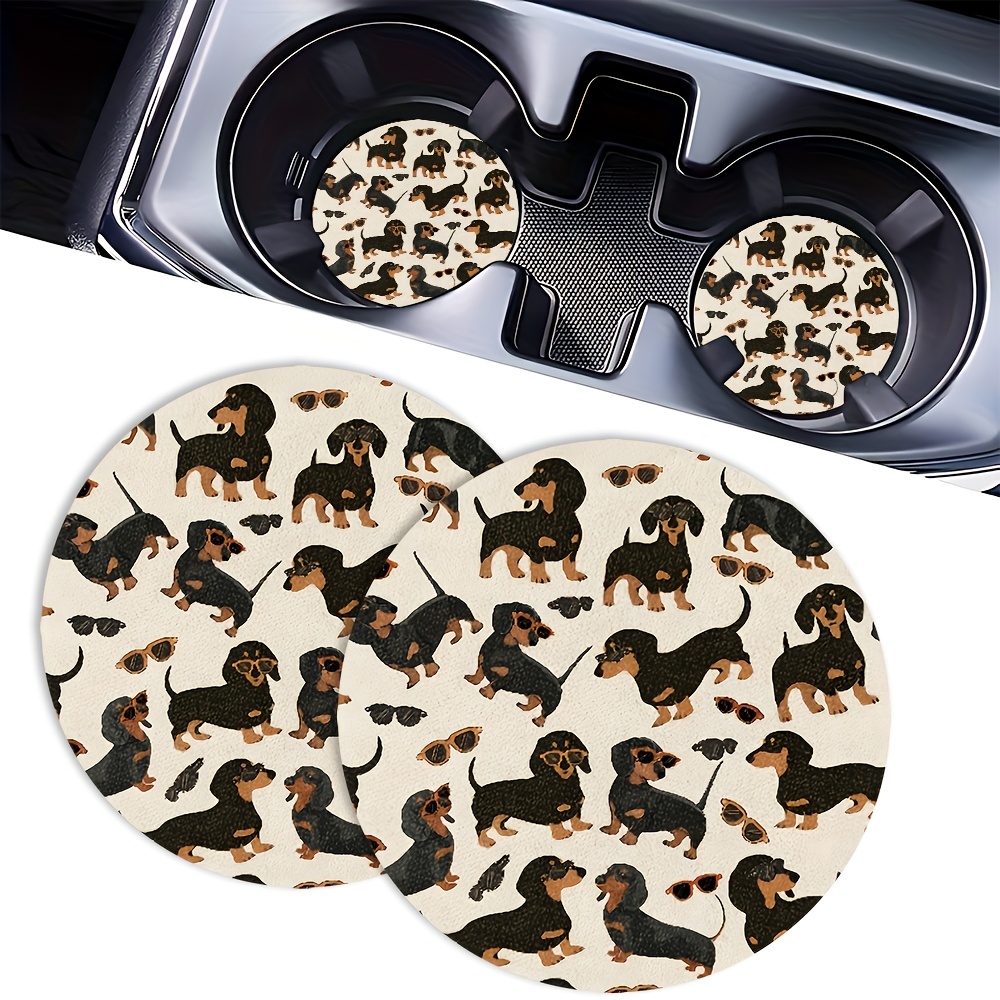 TEMU Set Of 2 Dachshund-themed Non-slip Coasters For Car Cup Holders - Made From Absorbent Featuring An Adorable Dog And Paw Print Design, Enhancing