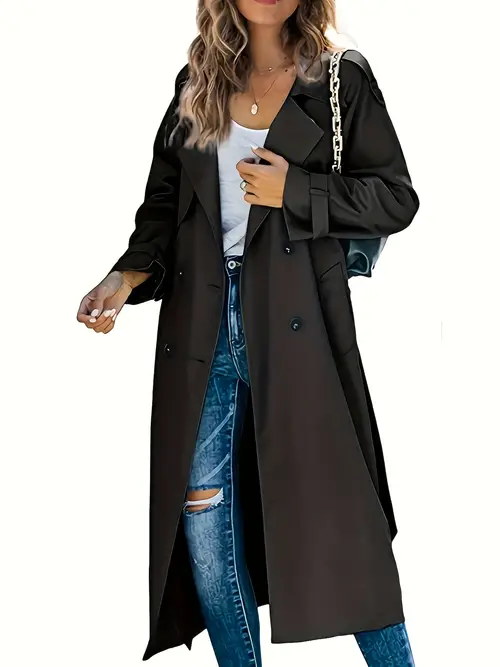womens fall and winter casual long solid color windbreaker lapel design coat