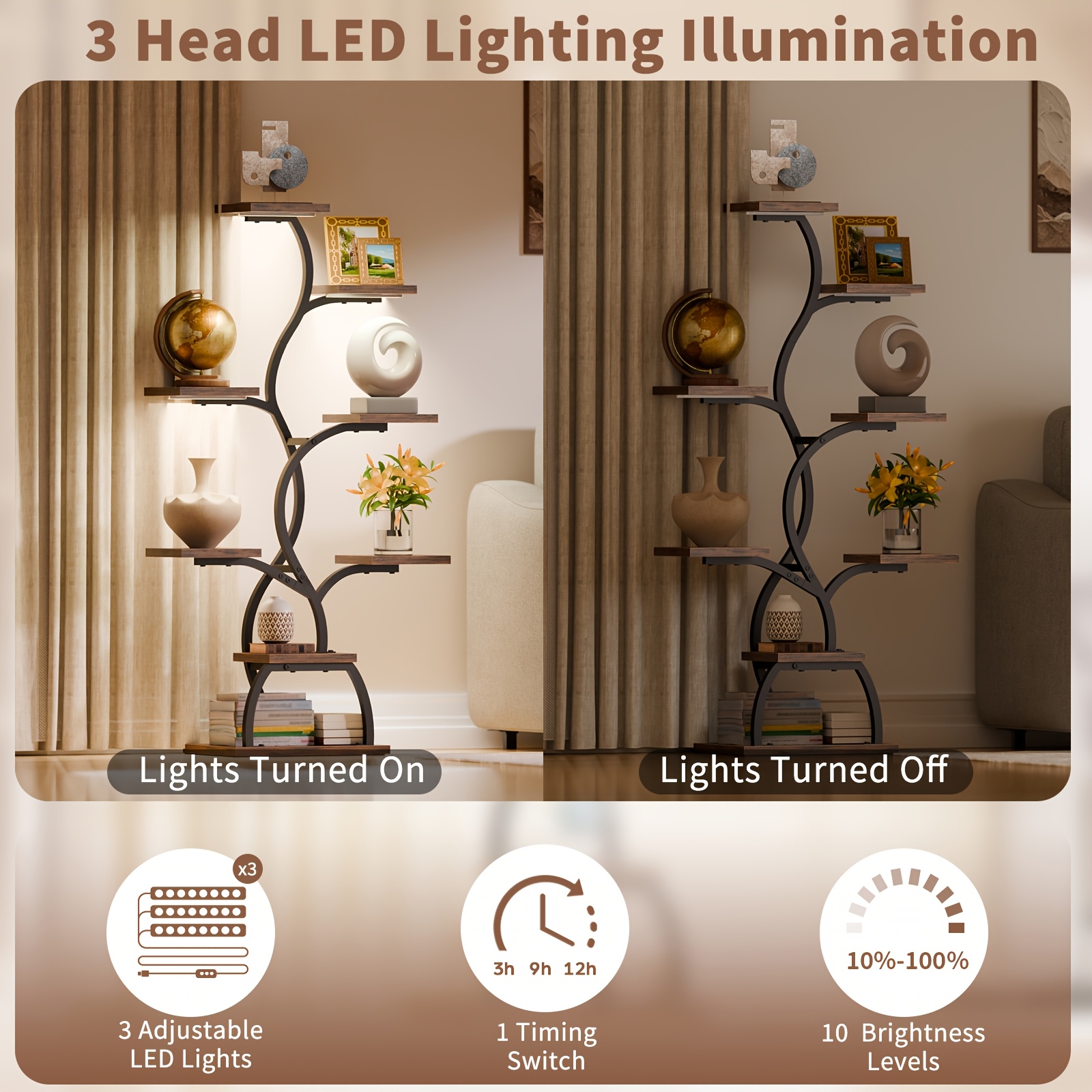 1pc Bookshelf with LED Lights- 8 Tier 123cm Multi-functional Metal Display Shelf Corner for Books Magazines Photo Frames, Vases, 48.7