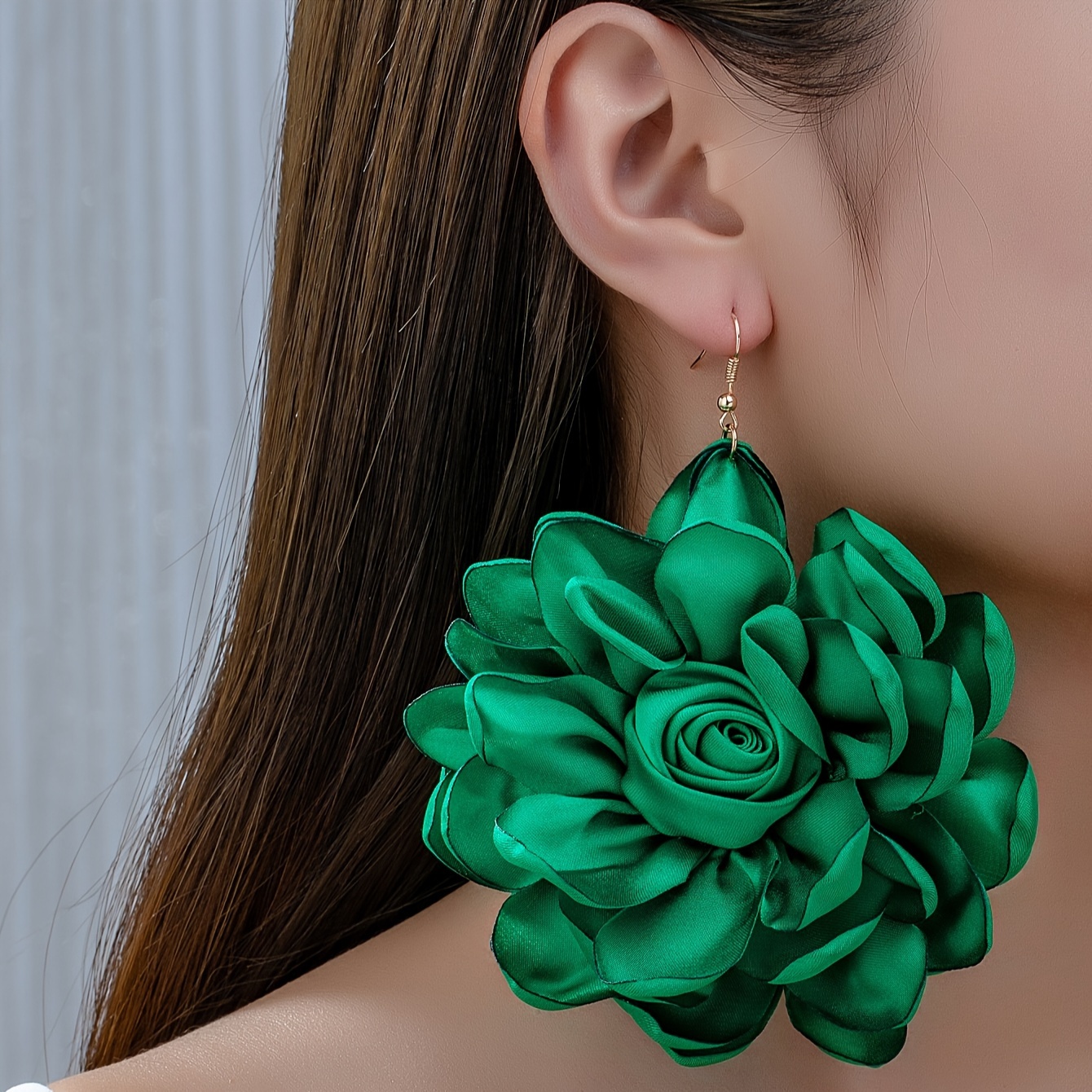 

Chic Green Handcrafted Fabric Flower Dangle Earrings - Stainless Steel Posts, Perfect For Weddings & Parties