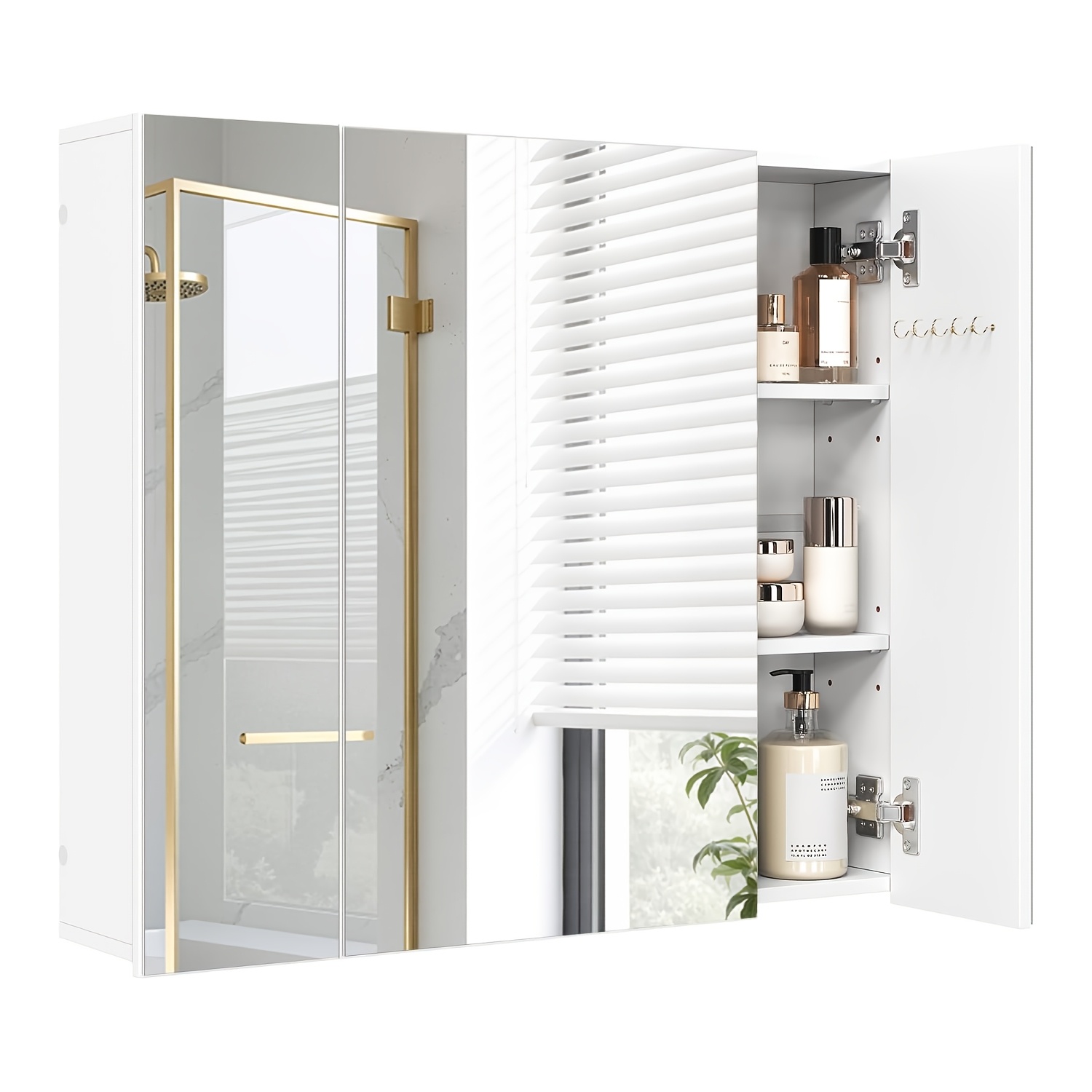 Image of 1pc Modern Scandinavian Wall-mounted 3-door Mirror Bathroom Cabinet With Adjustable Shelves & Doors Suitable For Small Bathrooms, Space- Storage Unit, Wood, White, (no Major Renovations)