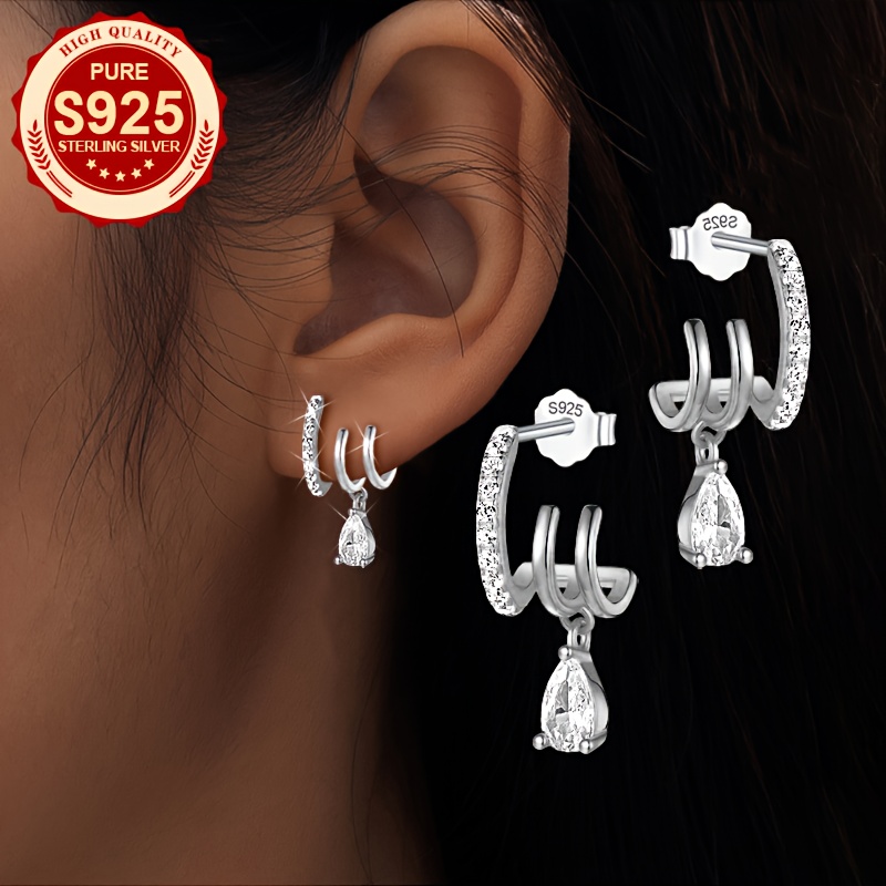 Image of A Pair, 925 Silver, Three-claw Water Drop Earrings, Exquisite And Luxurious, , Elegant Temperament, Fashionable And Versatile, Exquisite Gift For Ladies, Exquisite Gift, Hypoallergenic