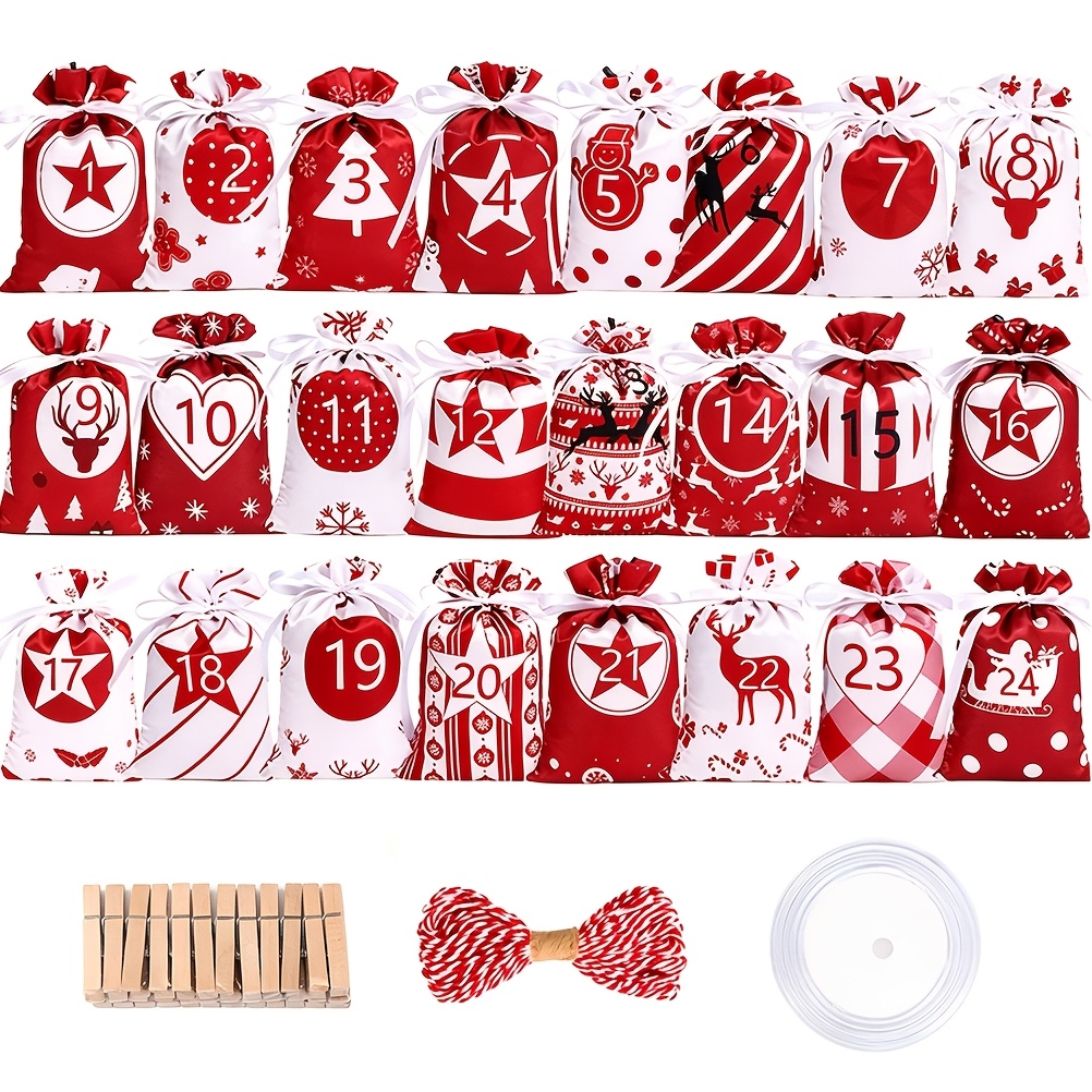 TEMU 24pcs Christmas Advent Calendar Bags,24 Days Hanging Advent Calendars Drawstring Bag Packs,christmas Tree Hanging Drawstring Bag Packs, Diy Xmas