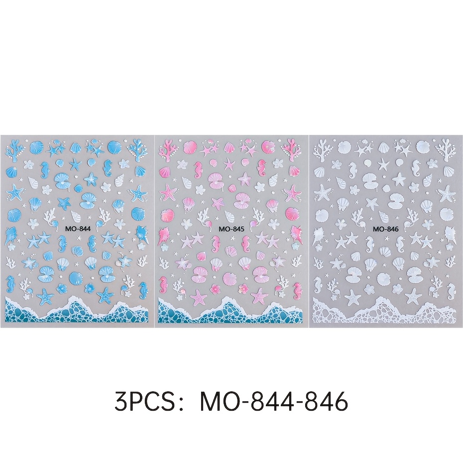 Image of 3pcs Summer Ocean Nail Stickers, Ins Beach Style 5d Embossed Nail Art Decals With Aurora Shells, Starfish, Coral & Seahorse