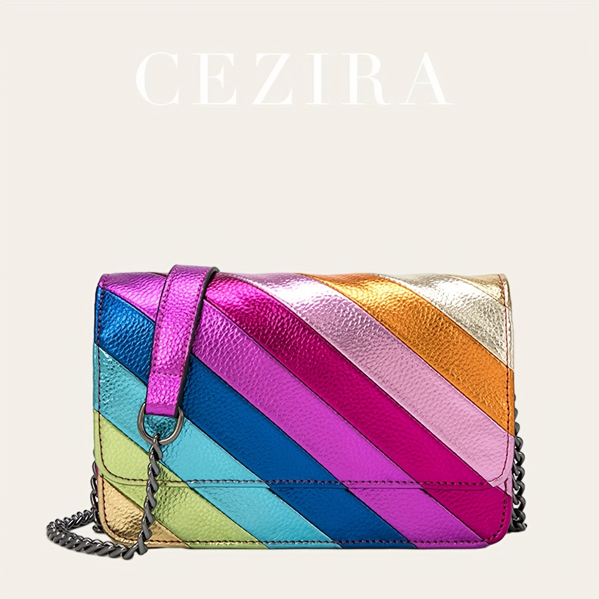 Image of Stylish Small Bag With A Of Stripes, Featuring Flap, Metal Chain Strap, And Made Of, Perfect For Women To Wear Crossbody Or On The Shoulder