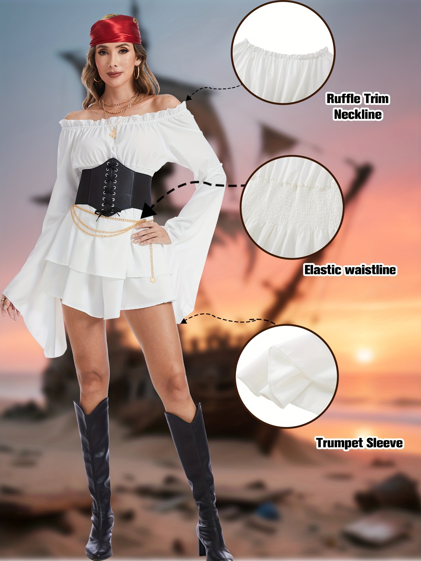 women spring summer shoulder ruffle dress pirate costume - Temu