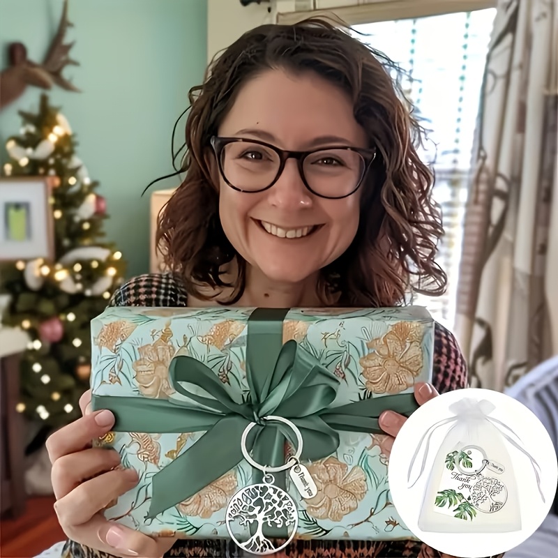 TEMU 90pcs Life Tree Keychain Gift Set: Includes 30pcs Green Leaf Thank You Cards, 30pcs White Organza Bags, And 30pcs Metal Alloy Keychains -