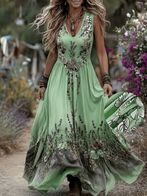 vacation inspired divine floral print bohemian sleeveless v neck ombre dress