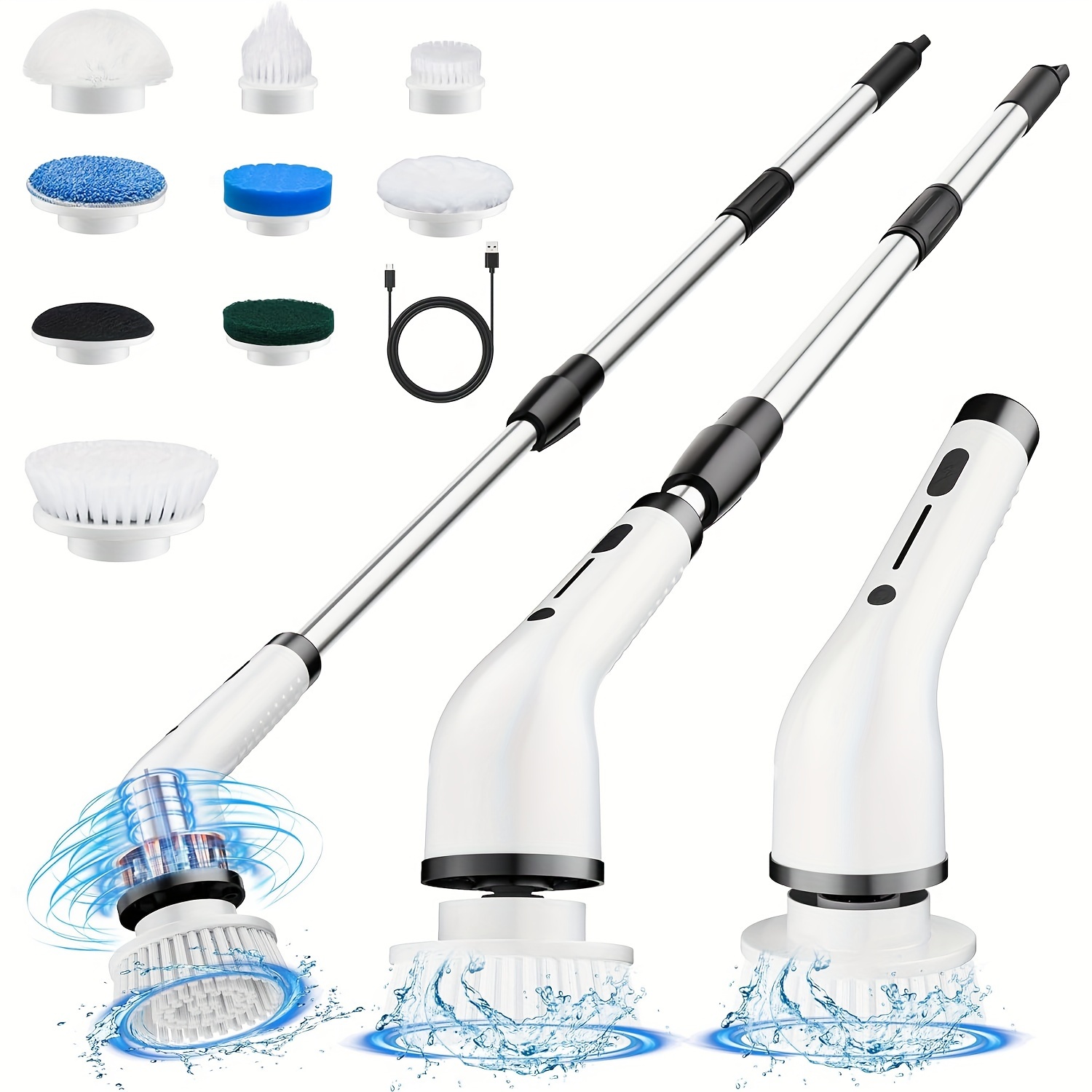 1 set electric spin scrubber with 8 replaceable brush heads power cordless electric cleaning brush with adjustable long handle rechargeable shower scrubber for bathroom kitchen bathtub tile shower and car cleaning supplies details 0