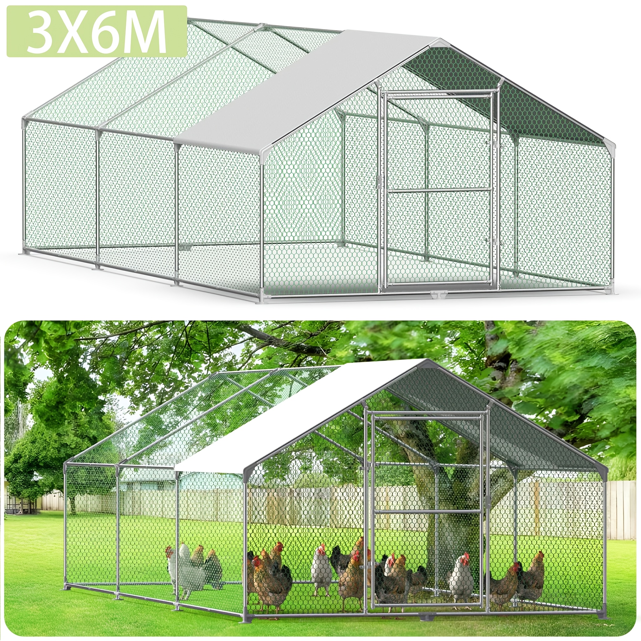 E-shop Hühnerstall Gehege Outdoor Vogelhaus Großes Hühnerstall mit PE Sonnenschutz Abdeckung Hühnerkäfig mit verzinktem Stahlrahmen für Kaninchen