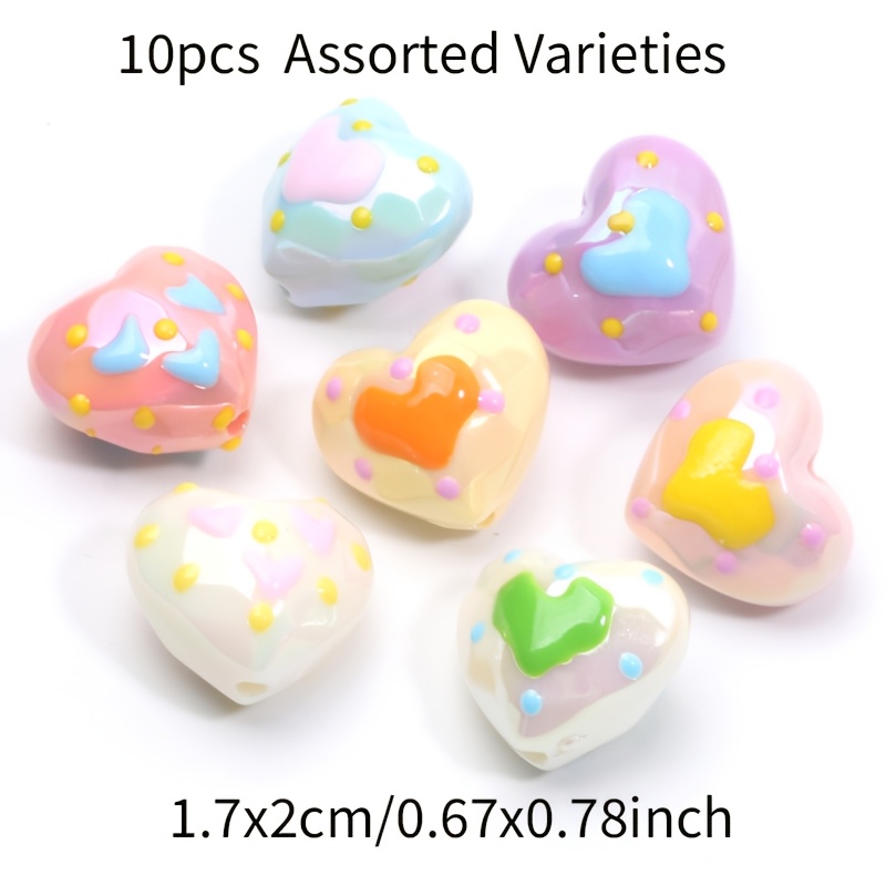 TEMU 17x20mm 10pcs Random Color Pattern Hand-painted Ab Color Acrylic Hearts, Suitable For Diy Loose Bead Bracelets, Necklaces, Earrings, And Phone