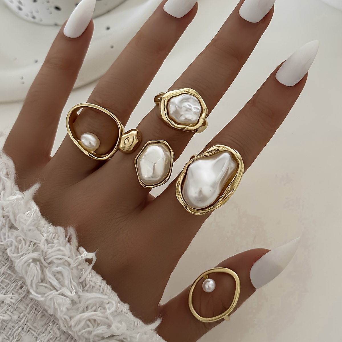 5pcs Alloy Pearl Inlaid Stackable Ring Set Elegant Sexy Fashion Women's Pearl Stackable Knuckle Ring Versatile Ring Set Mother's Day Holiday Ring Set