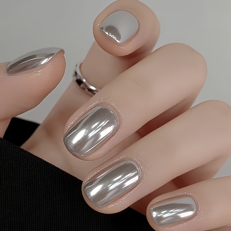 TEMU 48pcs Short Square Press-on Nails, Pure Silvery Mirror Metallic Texture, High Gloss , Minimalist Ins Cold Style, Versatile For Commuting