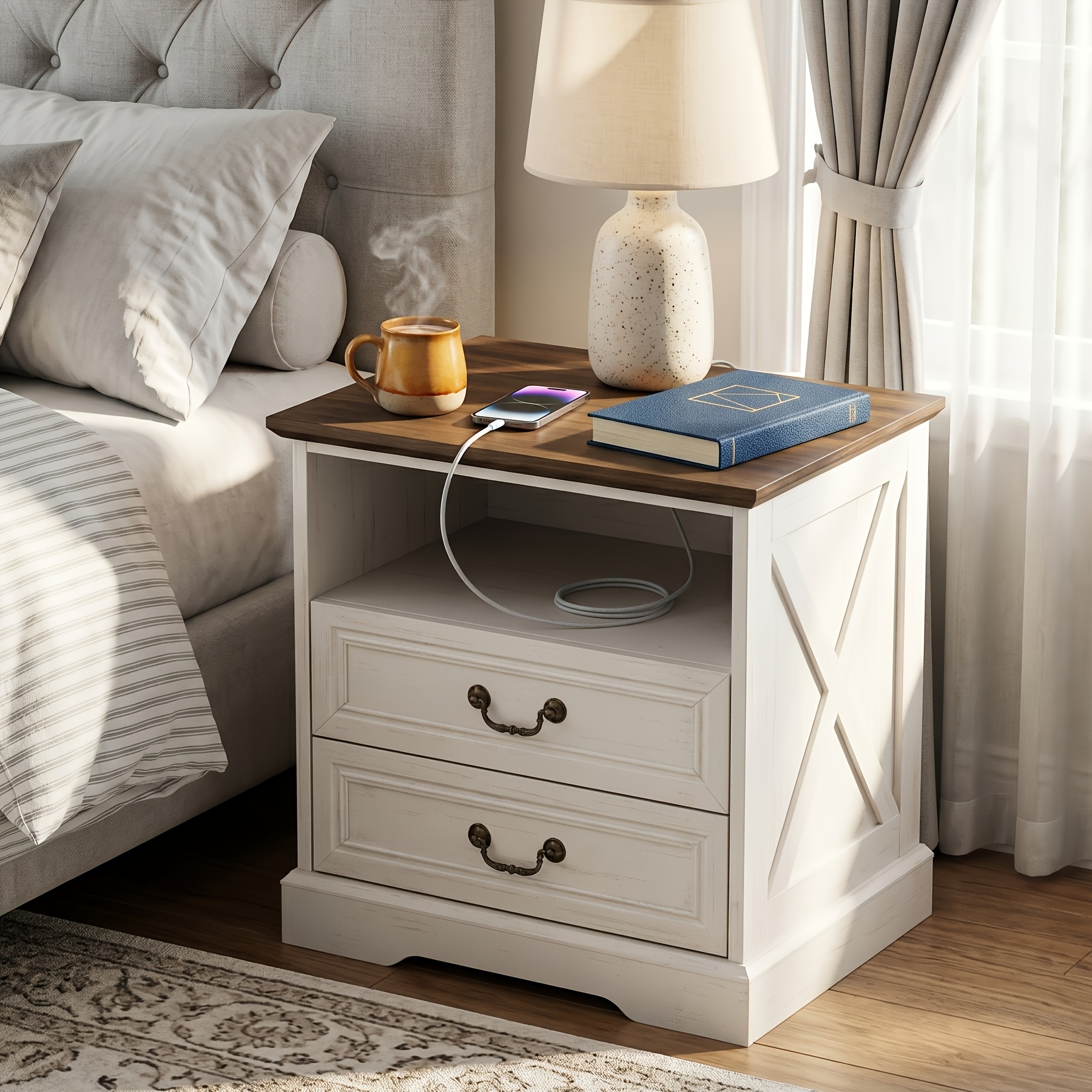Modern 2-Drawer Dresser Cabinet | Nightstand with Power Socket