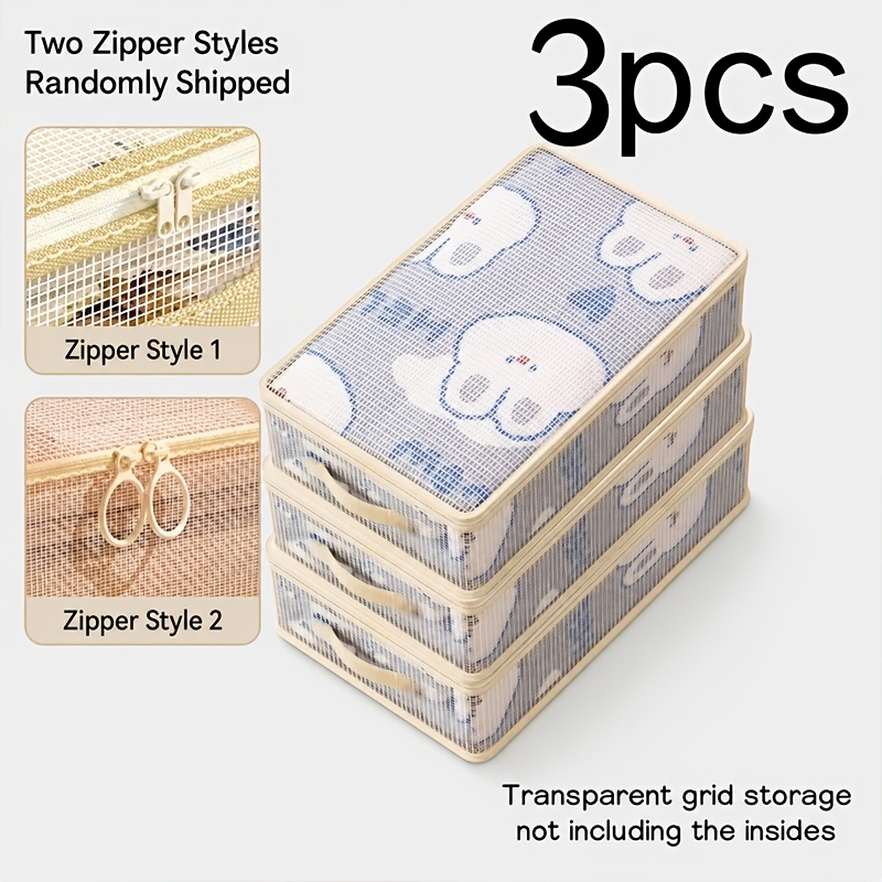 TEMU 3pcs Set Large Capacity Mesh Zipper Storage Bags - Dustproof Clothing Storage Bags, Household Bedding Organizer Bags, Home Clothing Storage