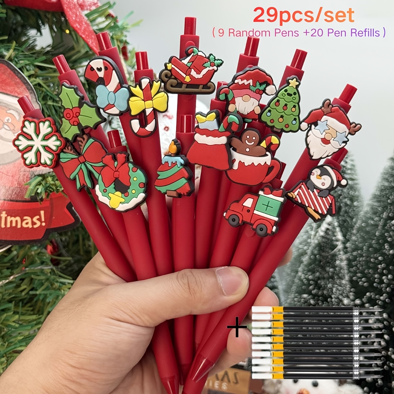 TEMU Set da 29 penne a sfera a tema natalizio, stili assortiti tra cui omino di pan di zenzero a cartone animato, , , ecc., 9 penne + 20 ricariche,