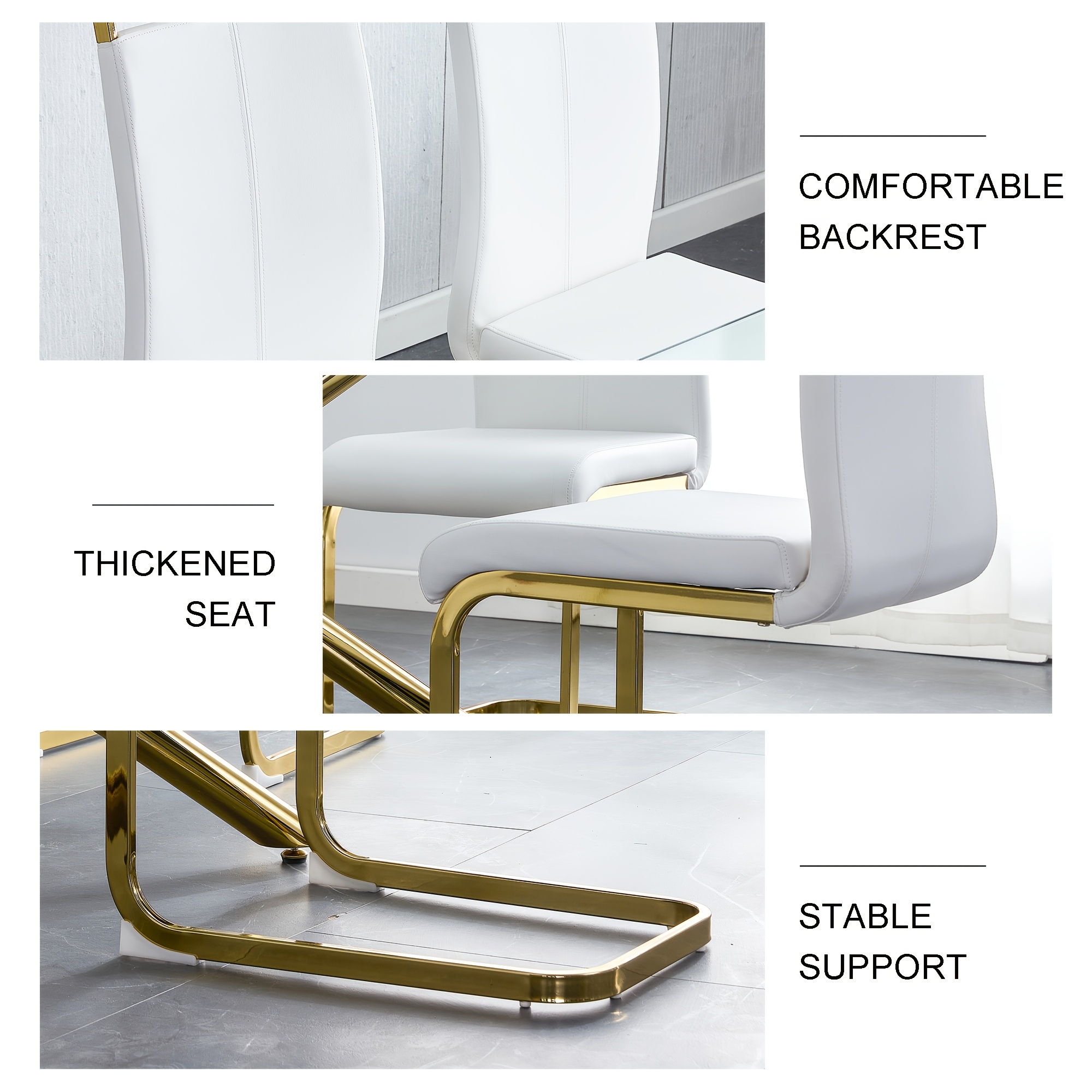 Modern Dining Chairs Set of 4, High Back White Kitchen Chairs, Faux Leather Side Chair with Gold Plated Metal Legs, Easy to Install Upholstered Dining Chairs, Ideal for Living Room, Easy to Install (Golden/Silver Leg) Local Warehouse