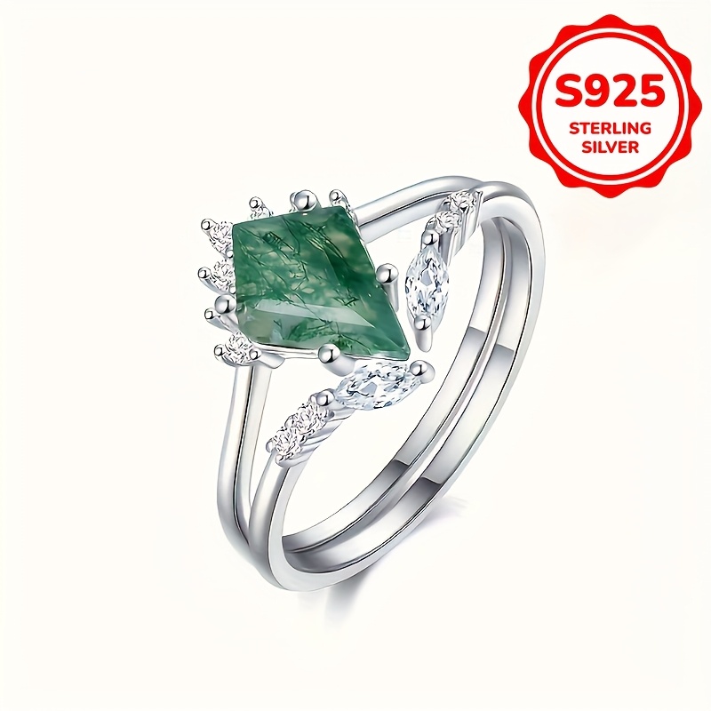 

925 Bague En Argent Sterling Incrustée D'agate Mousse de Luxe Et de Noblesse Bijoux de Haute Qualité Cadeau Pour Femme Avec Boîte Cadeau