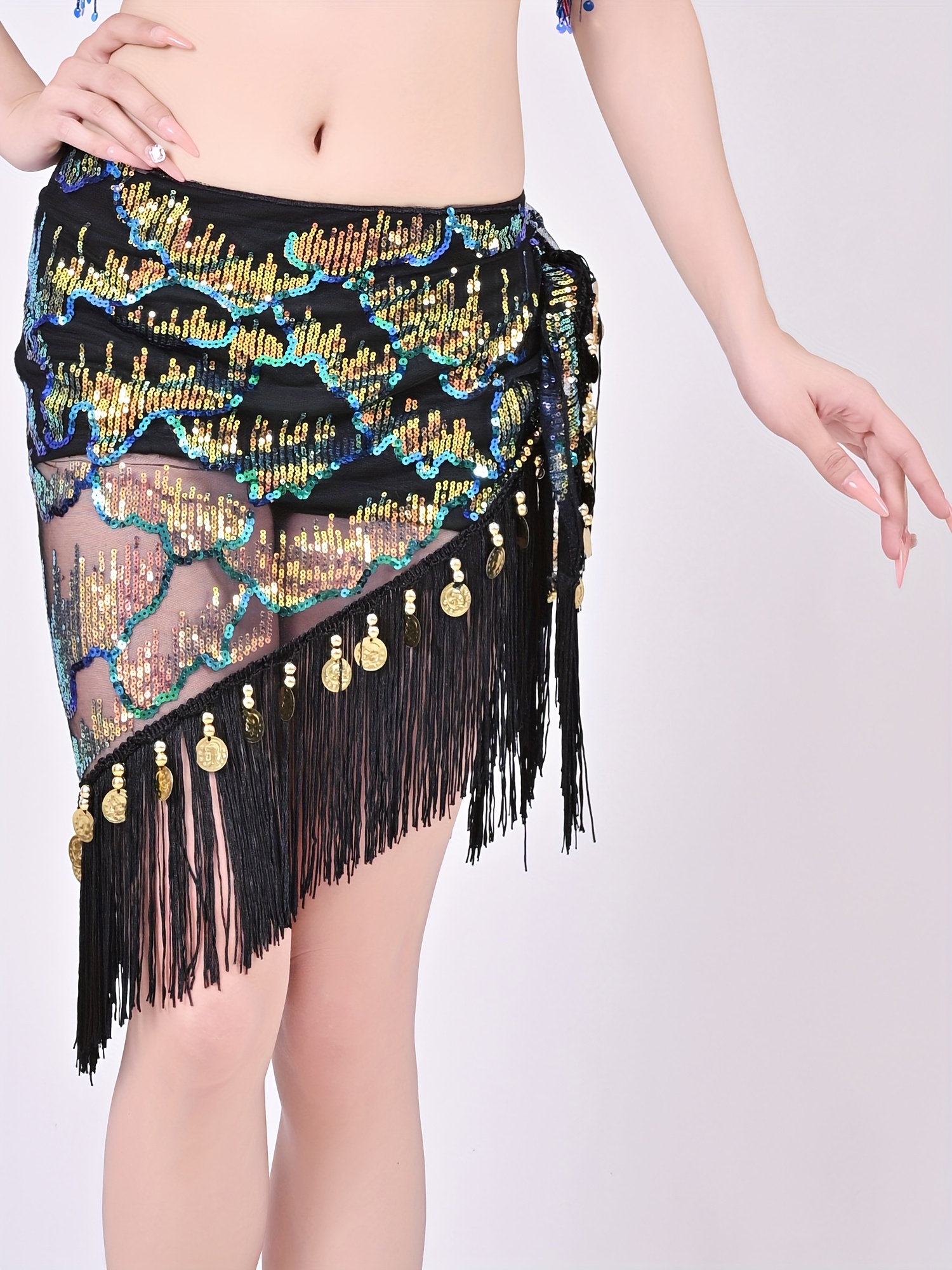 Women's Belly Dance Hip Scarf Sequined Mesh Triangle Wrap Skirt