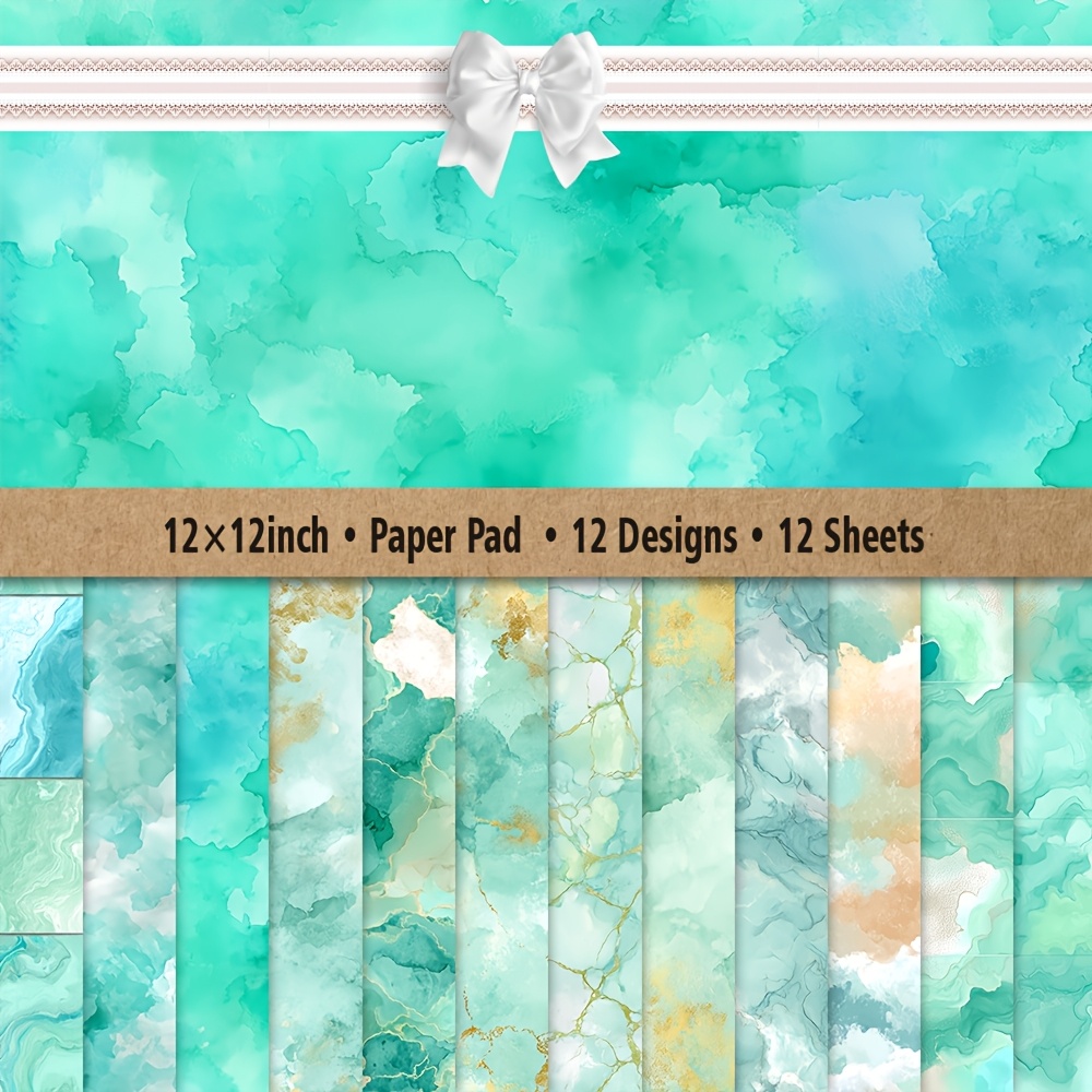 TEMU 12x12 Inch Paper Pad - 12 Designs, 12 Sheets - Watercolor Teal Green Marble Abstract Patterns For Crafts, , Card Making, Journaling, Art