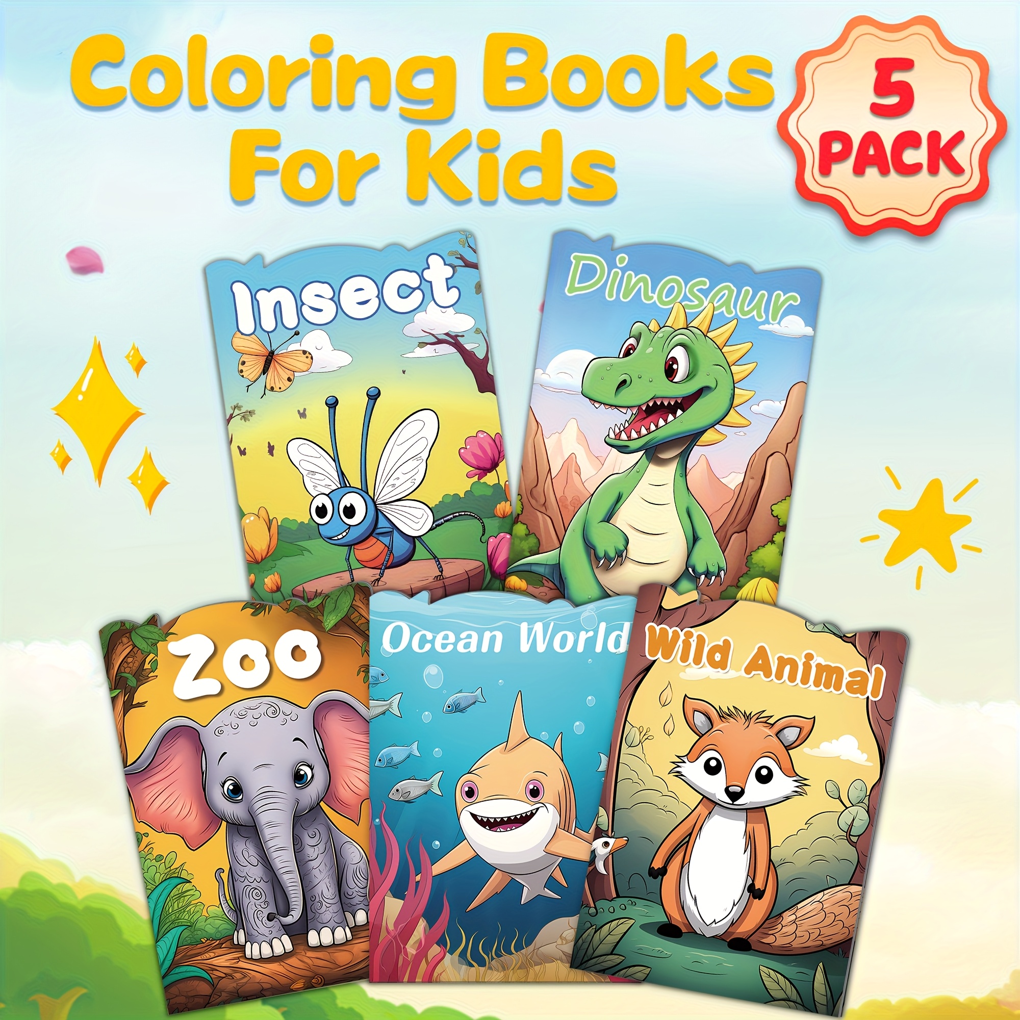 Image of Kids Coloring Book Set - 5 Pack With Insect, Dinosaur, Vehicle, & Wild Animal Themes - Educational Art Activity For Children 3+ -