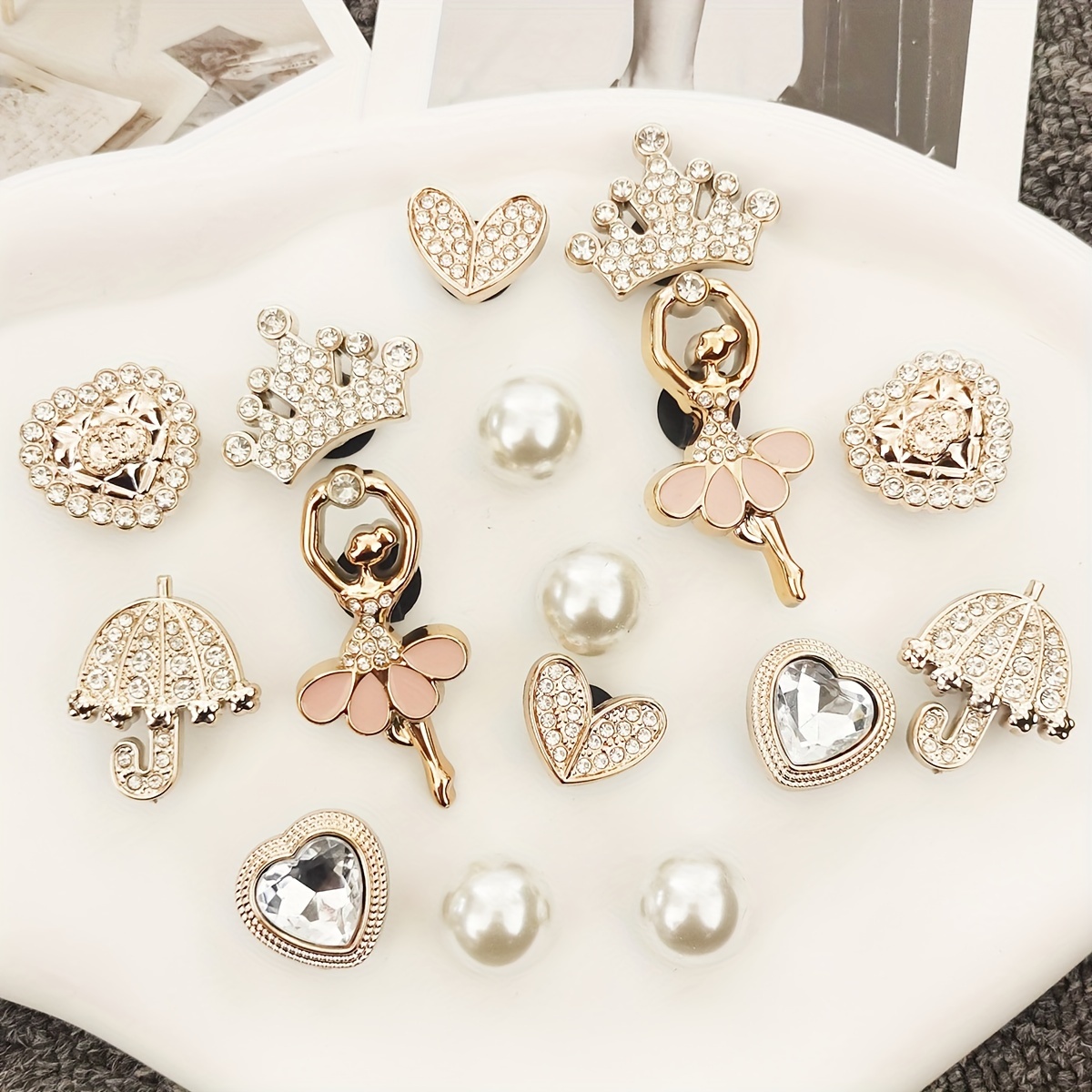 Image of 16pcs Set Of Ballet Dancer Shoe Charms Made From Abs, Featuring . Rhinestone Bling Shoe Clips Are Perfect Additions For Women's Sandals, Slides, Slippers, Beach Bags, And For Christmas, Halloween