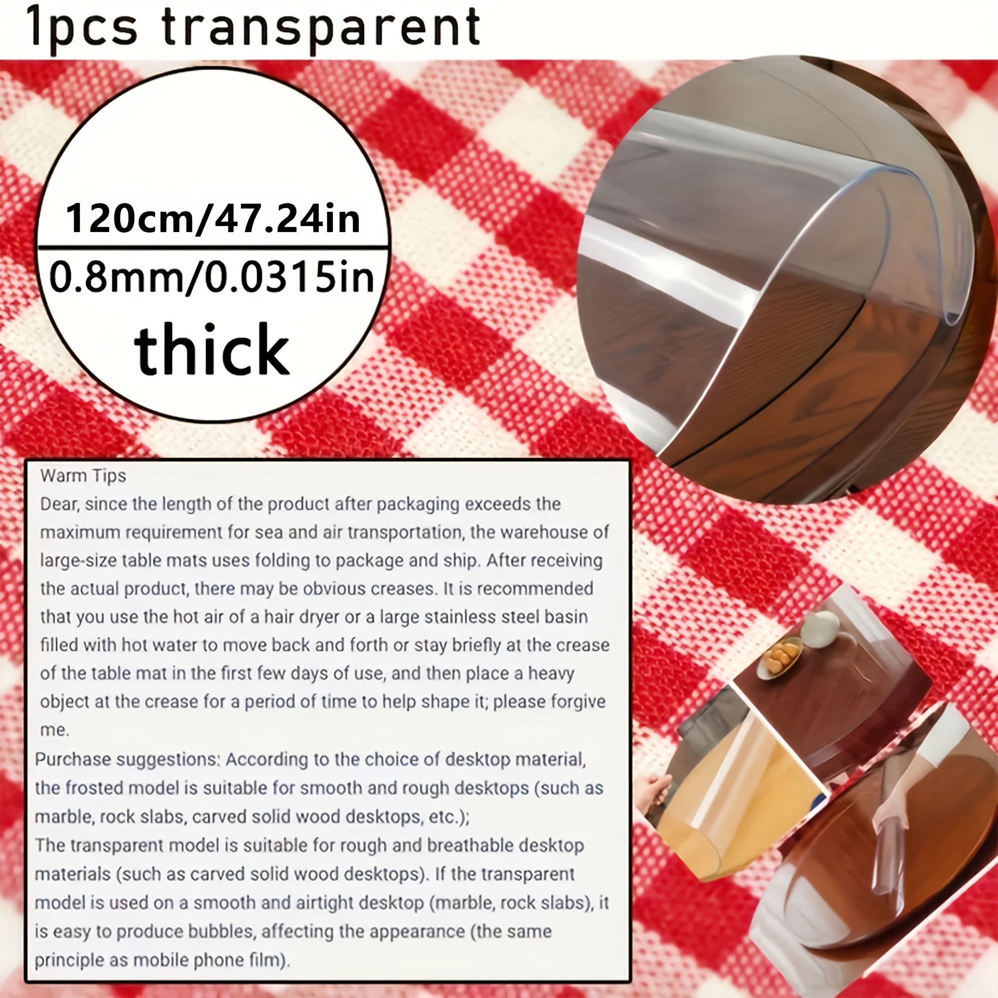 TEMU 1pc Transparent Round Elastic Tablecloth, 0.8mm/1.2mm Thick Table Protector, Suitable For Dining Tables/coffee Tables/desks/kitchen/hotel