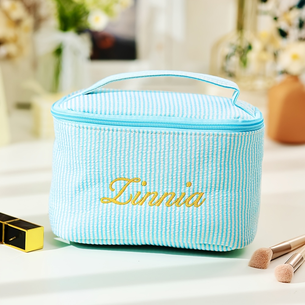 TEMU [custom Embroidery] Personalized Customizable Name Handle Handbag Large Capacity Fashionable Portable Travel Business Toiletry Bag, Striped