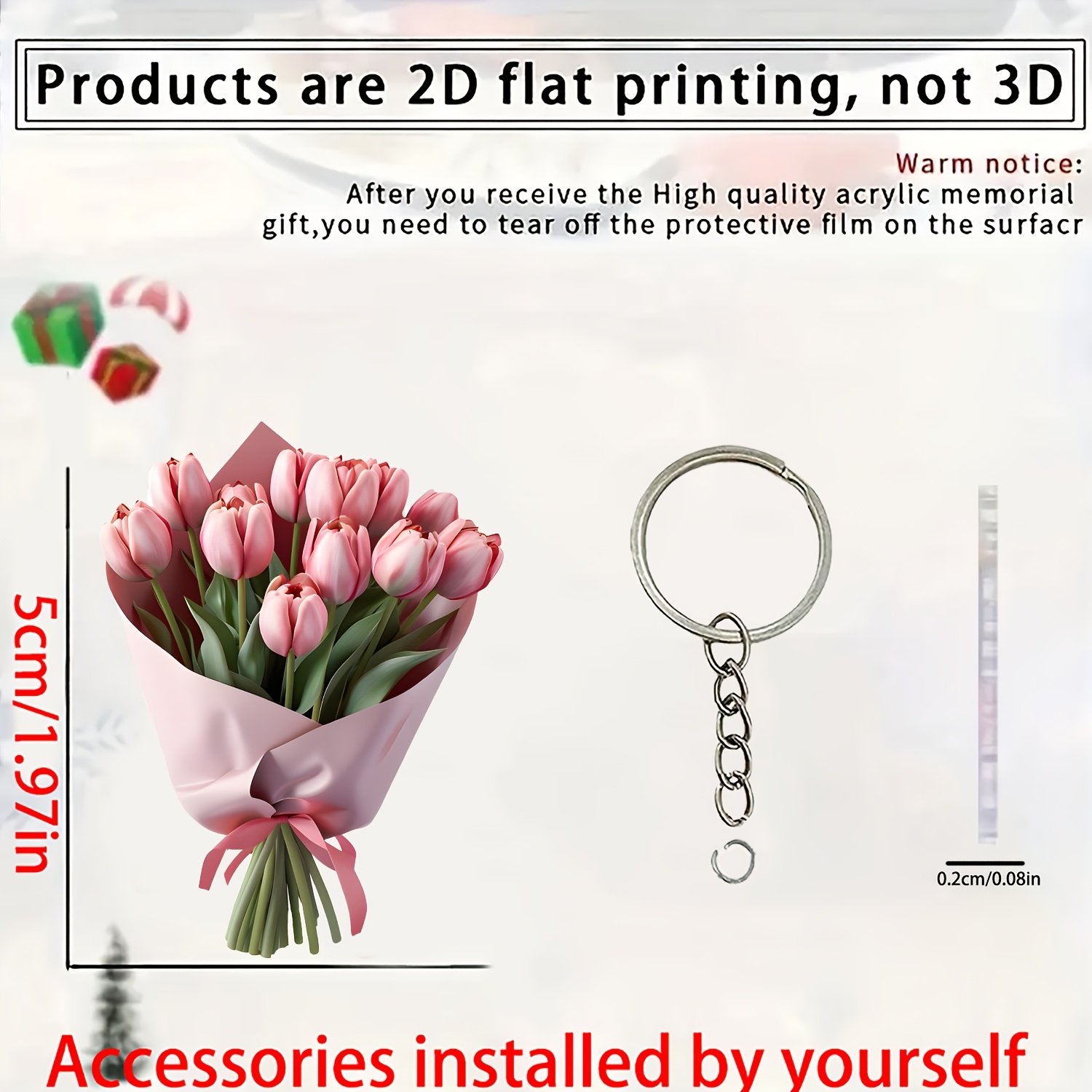 TEMU 2d Flat, 2d Tulip Bouquet Acrylic Keychain, Perfect For Backpack Accessories And Phone Charms, Gentle And Romantic Backpack Pendant, Niche