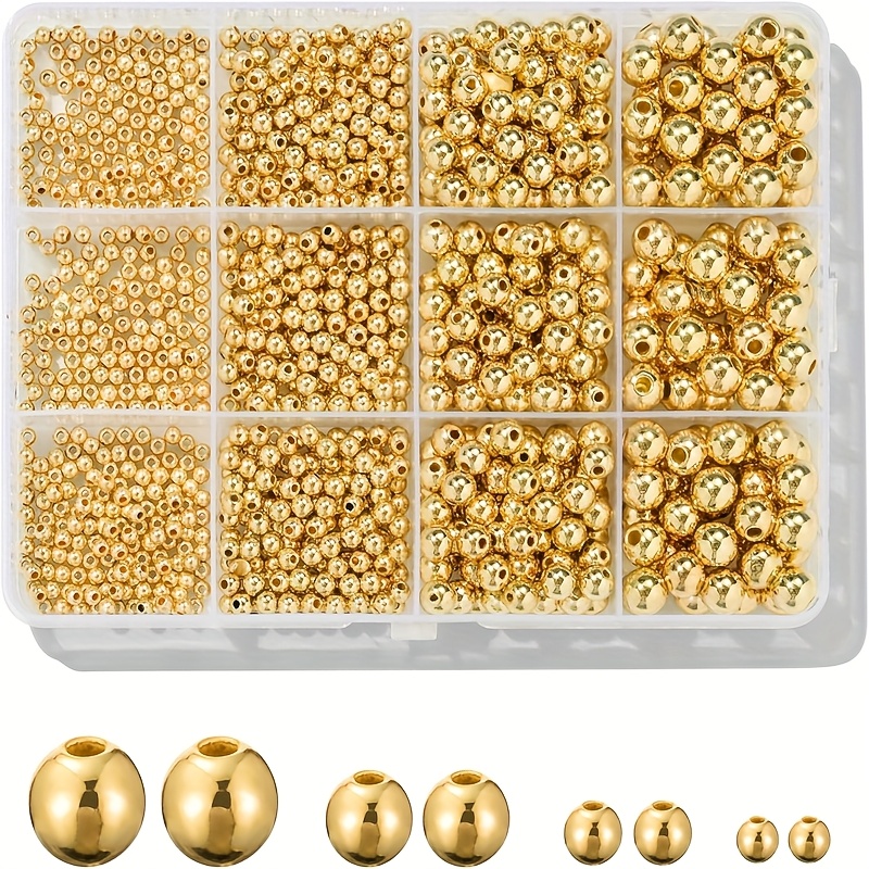 E-shop Eine Set-Box mit 1100 Teilen, enthaltend goldene runde Perlen in den Größen 3, 4, 6 und 8 mm, geeignet für die Herstellung von