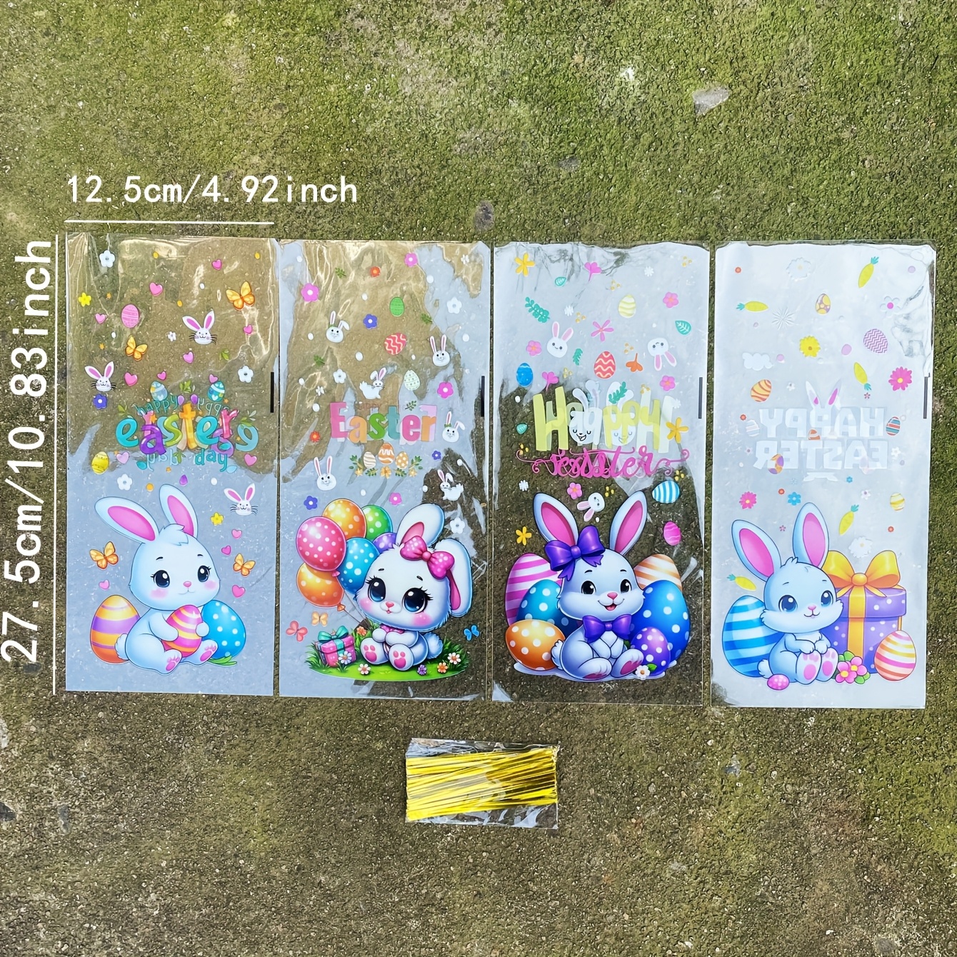 50pcs Easter Bunny And Egg Pattern Plastic Gift Bag With Golden Twist Tie, Colorful Balloon Printed Opp Bag For Easter Theme Party Gifts And Decoration