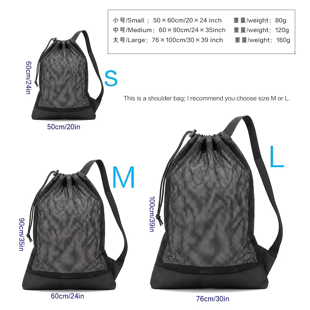 TEMU Black Mesh Drawstring Bag, Lightweight And Breathable Fitness Shoulder Bag With Reinforced Bottom, Portable Sports Storage Bag, Suitable For