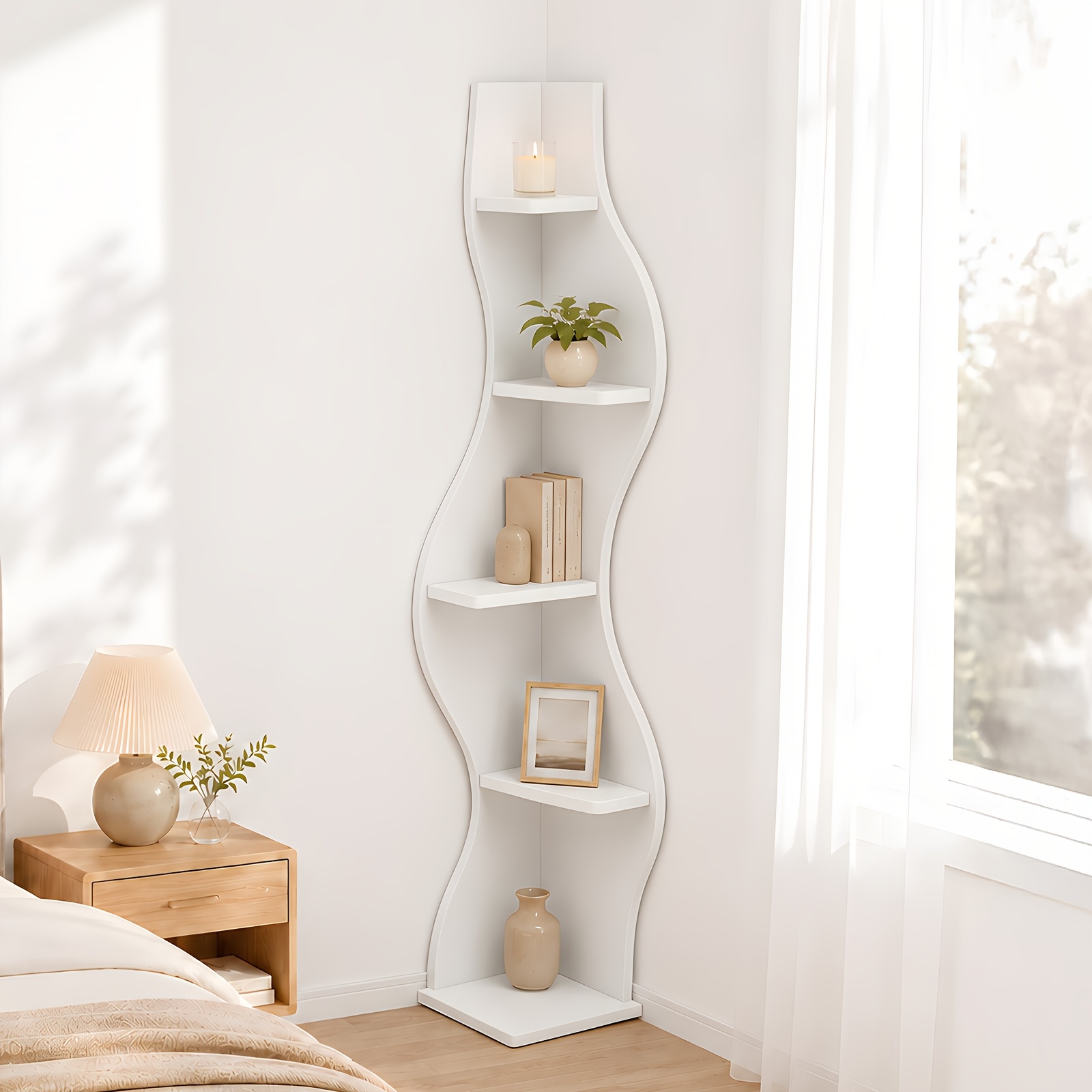 5-tier Large Capacity Storage Bookshelf, Space- Sturdy And Stable Curved Book Stand, Modern Wavy Display Shelf, Corner Shelves For Living Room, Bedroom, Bathroom, Study Room, And Office