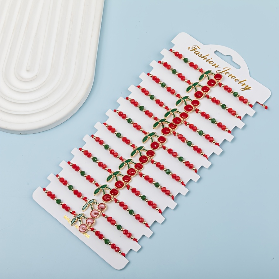 Image of 12pcs Of Fashionable Red Bead Y2k Bead Bead Bracelet Adjustable For Girls' Friendship Party Birthday Gift