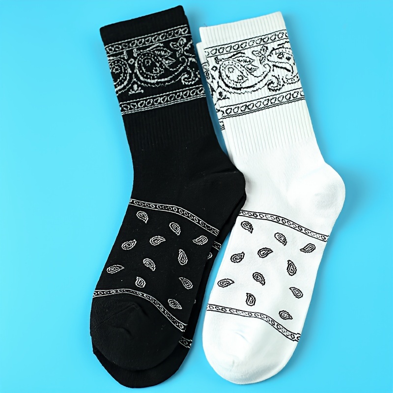 TEMU 2 Pairs Of Men's Sweat-absorbing Breathable & Paisley Pattern Crew Socks, Stylish & Trendy Cotton Socks For Fall & Winter