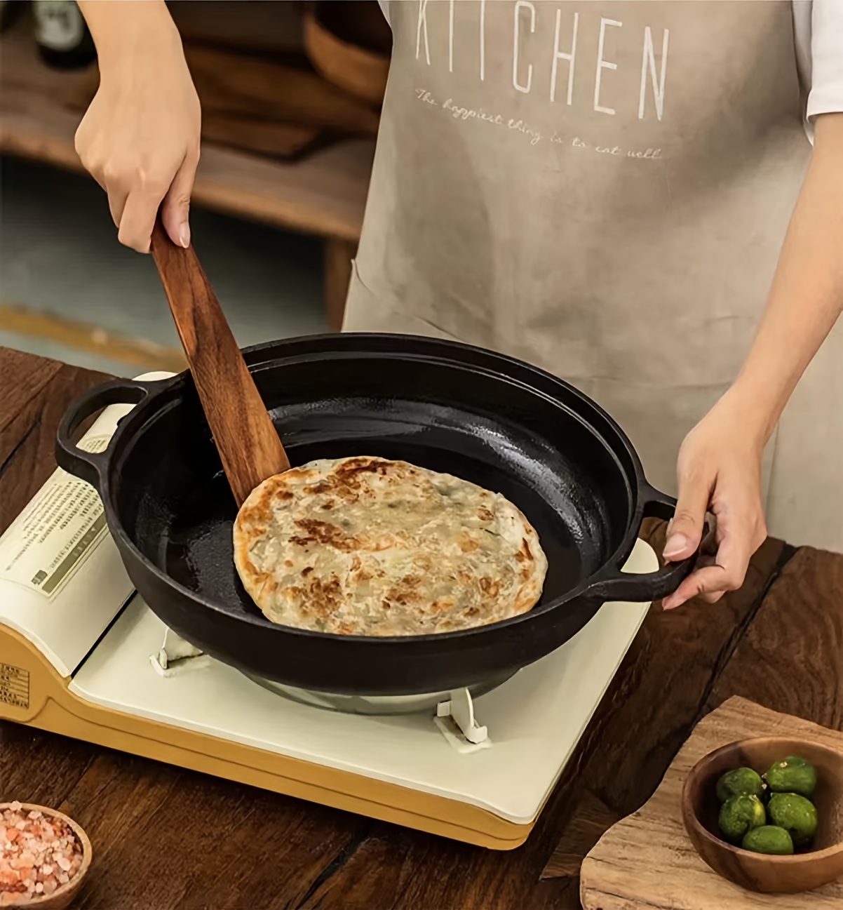 1pc cast iron double handled   with wooden lid non stick cooking pan thickened iron pot for indoor outdoor use compatible with gas stove induction cooktop kitchen cookware details 1