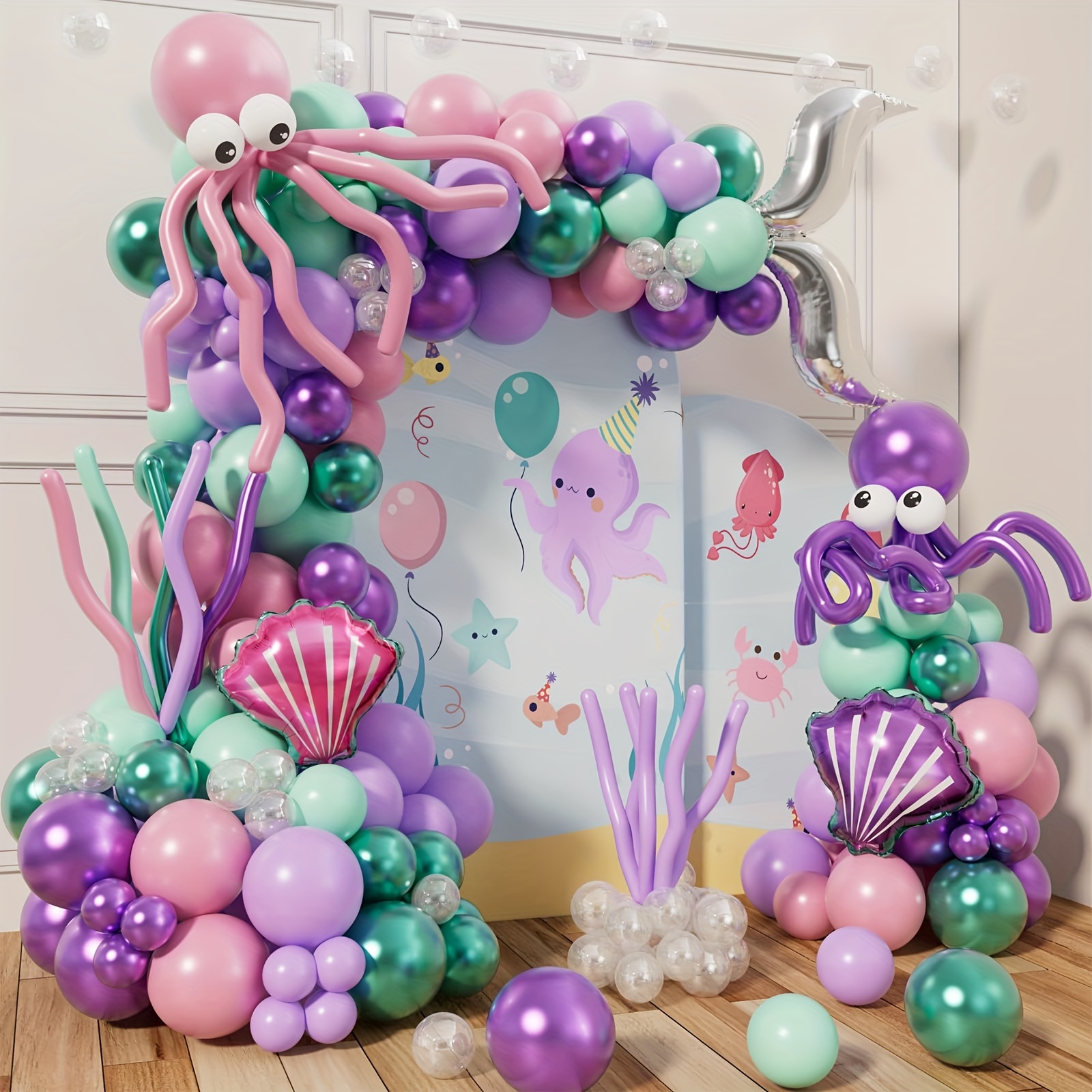 

Mermaid-themed Balloon Arch Kit, 142-piece Set With Octopus And Seashell Accents For Underwater Party Decor - Latex Balloon Garland For Birthday, Shower, Anniversary - Ages 3-12