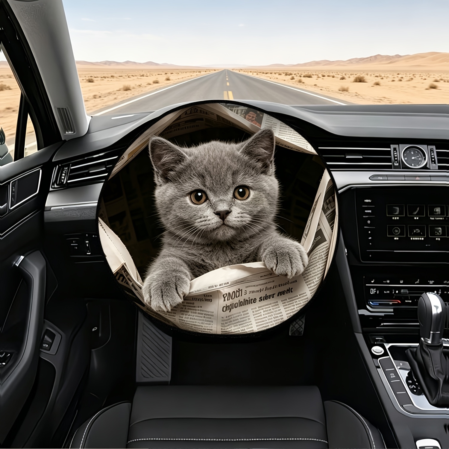 TEMU 1 pare-soleil de volant de voiture avec motif 2D de chaton qui de un tas de journaux - Isolation thermique, protection solaire, résistante aux