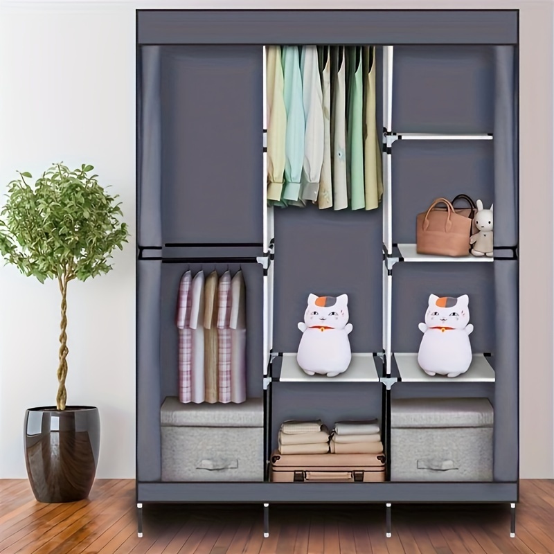 

Simple Wardrobe, 4 Layers, 8 Compartments With Cloth Covers, 3 Clothes Hanging Rods, Non-woven Wardrobe, Iron Pipe, Plastic Parts, 125*43.18*180cm, Gray Non-woven Fabric, Easy To Install