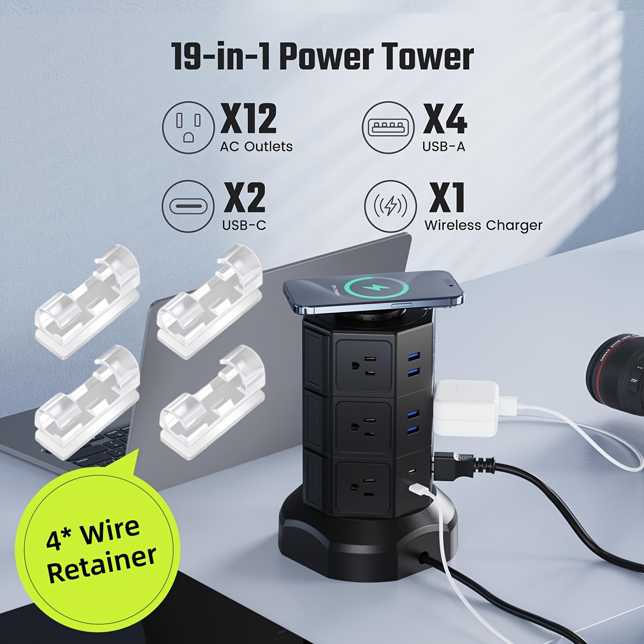 TEMU 19-in-1 Power Strip Protector Tower With 15w Wireless Charger, 12 Ac Outlets & 6 Usb Ports (2 Usb C) With 5.5ft Extension Cord, 1050j, 13a